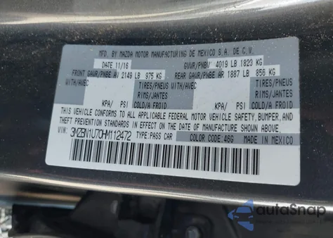 2017 Mazda 3 Sport из США, поврежденный, VIN 3MZBN1U70HM112472